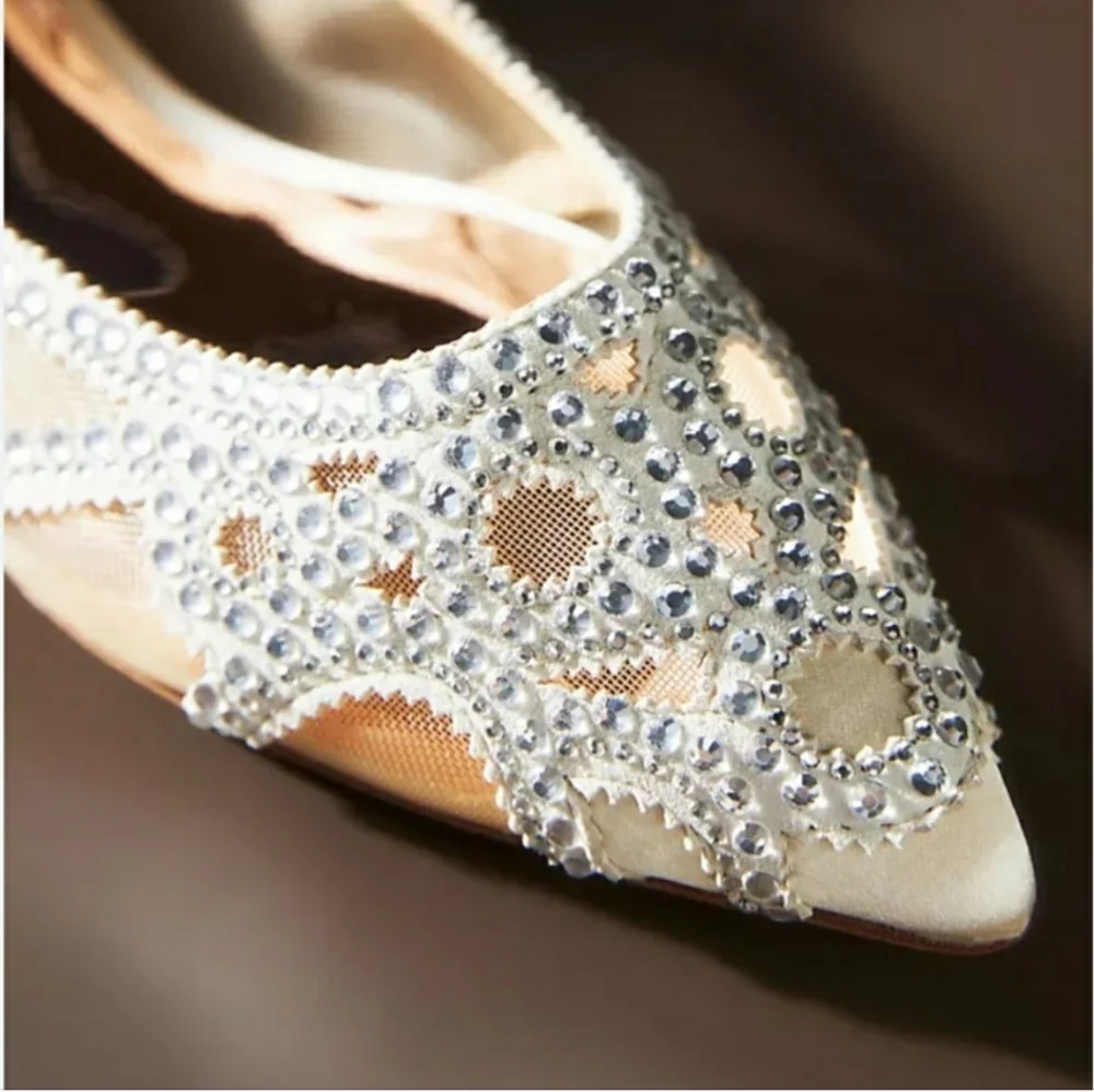 New Badgley Mishka Gigi Pointed Toe Crystal Evening Flats Size 9.5M Ivory - Picture 5 of 10